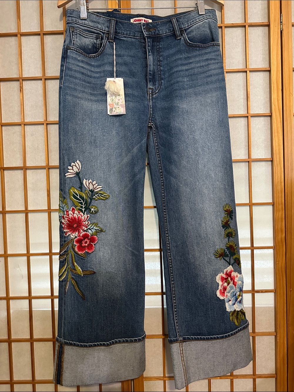 Johnny Was Denim Wide-Leg Jeans with Floral Embroidery